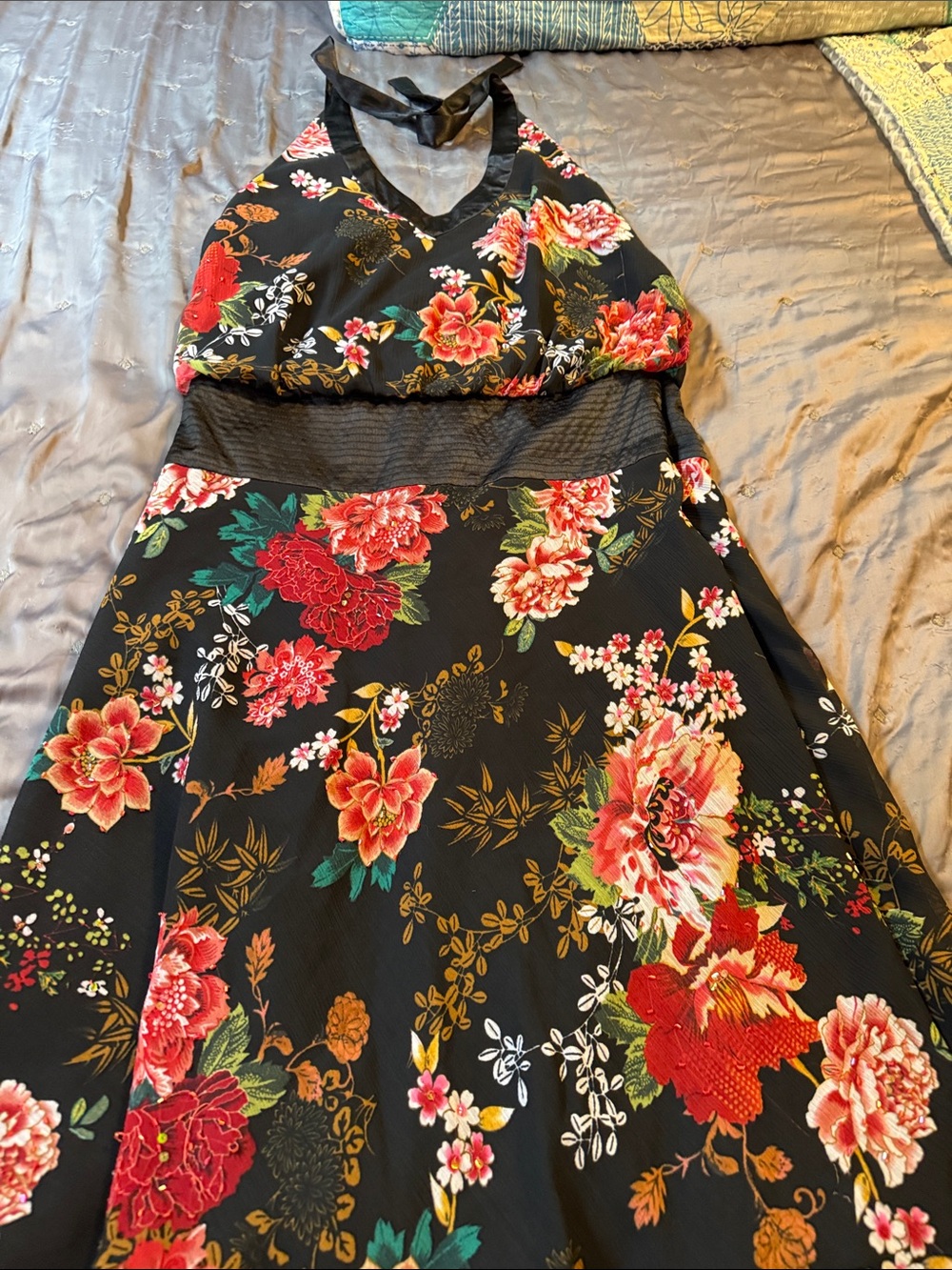 Robbie Bee Black Halter Backless Dress with Red & Pink Floral Print